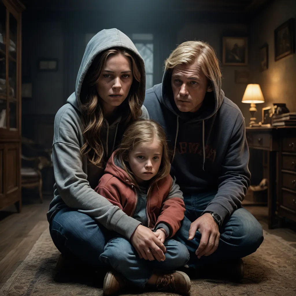 a woman and a man sitting on the floor with a little girl in front of them, both looking at the camera, international gothic, poster art, Armin Hansen, promotional image