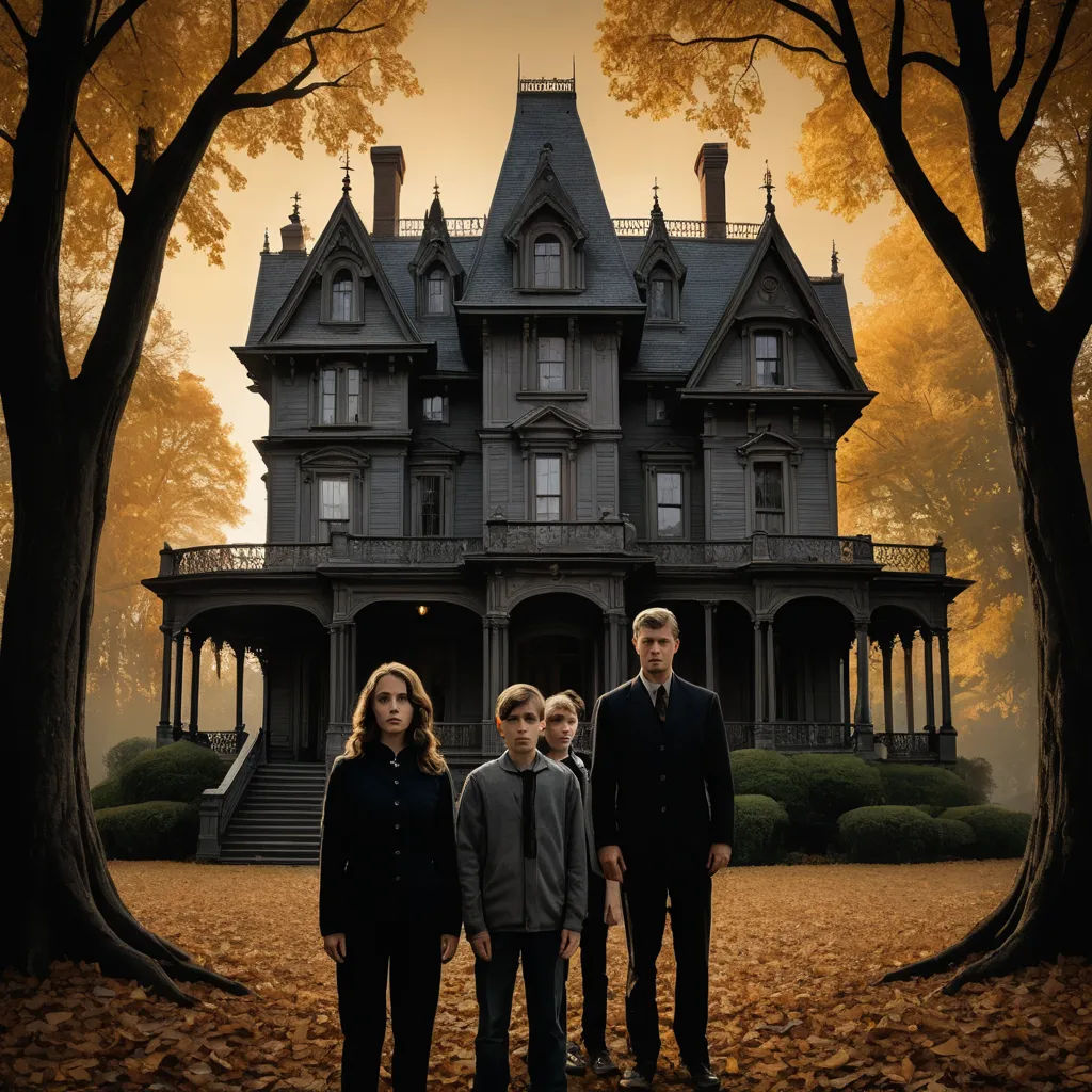a family standing in front of a large house in the fall leaves with a full moon in the background, international gothic, a poster, Edward Otho Cresap Ord, II, promotional image