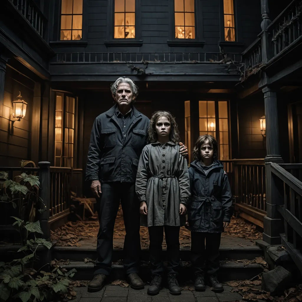 a family standing in front of a house at night with lights on the windows and a dark background,, international gothic, poster art, Charles Martin, promotional image