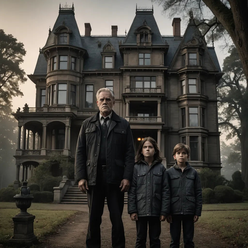 a man and two children standing in front of a large house with a creepy look on its face and a creepy looking tree, international gothic, poster art, Balcomb Greene, vfx