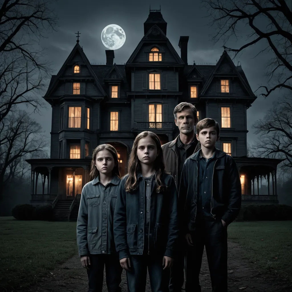 a family standing in front of a house at night with the moon in the sky above them and the house lit up, international gothic, a poster, Clark Voorhees, promotional image