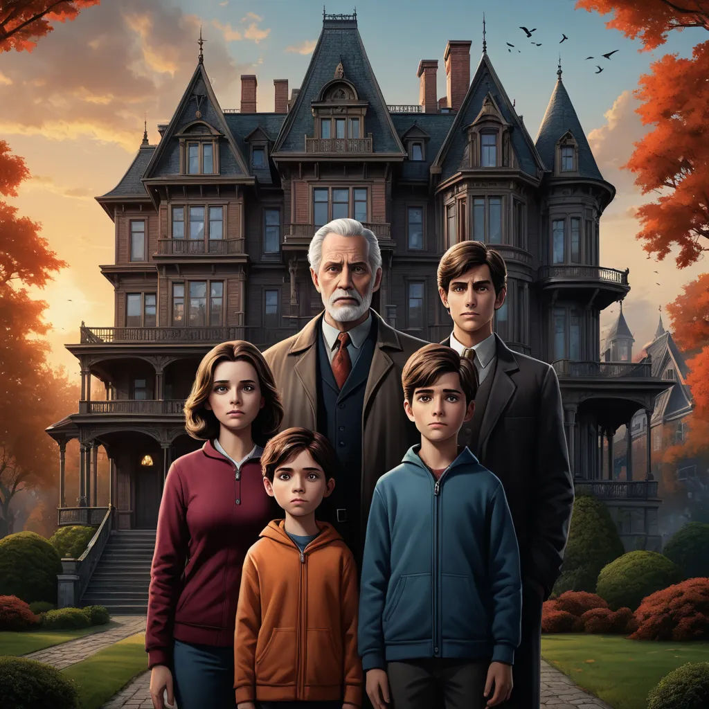 a family standing in front of a large house with a giant tree in the background and a man in the middle, sots art, poster art, Anne Said, key art