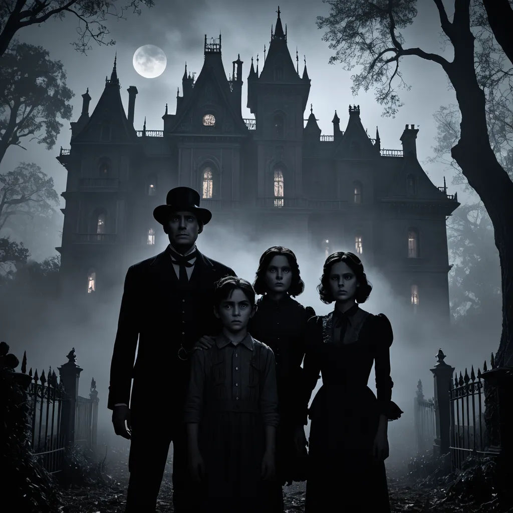 a family standing in front of a creepy castle at night with a full moon in the background and a full moon in the sky, gothic art, a detailed matte painting, Dirk Crabeth, promotional image