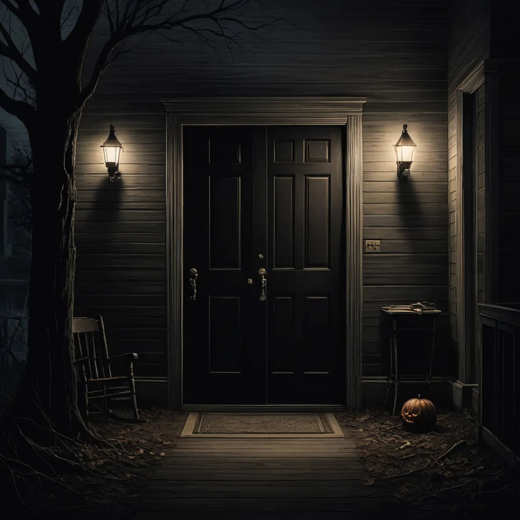 a dark house with a door and two lights on it at night with a pumpkin on the ground in front of the door, american scene painting, poster art, Dan Mumford, promotional image