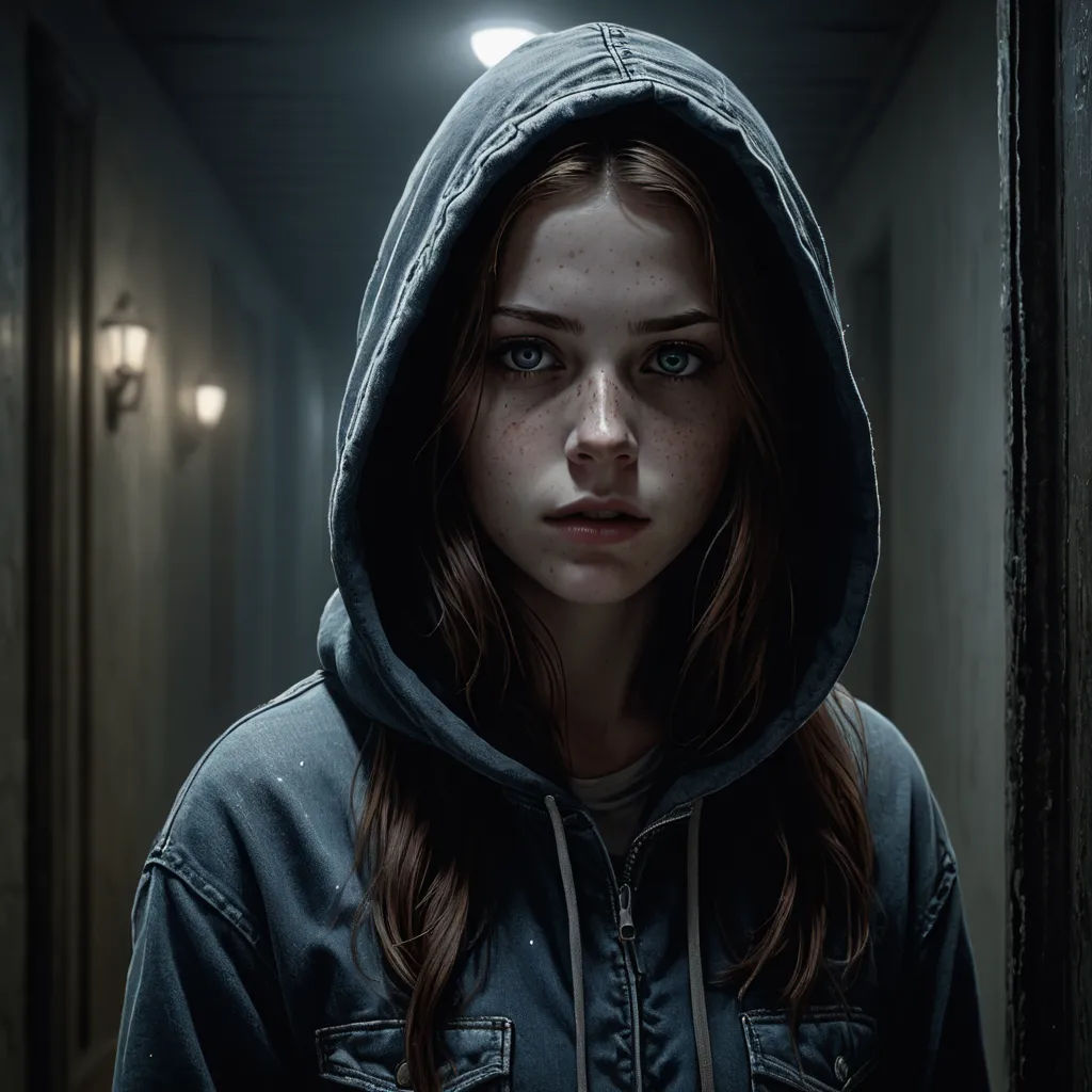 a woman in a hooded jacket standing in a hallway with a light on her head and a flashlight in her hand, photorealism, a character portrait, Eddie Mendoza, photorealistic lighting