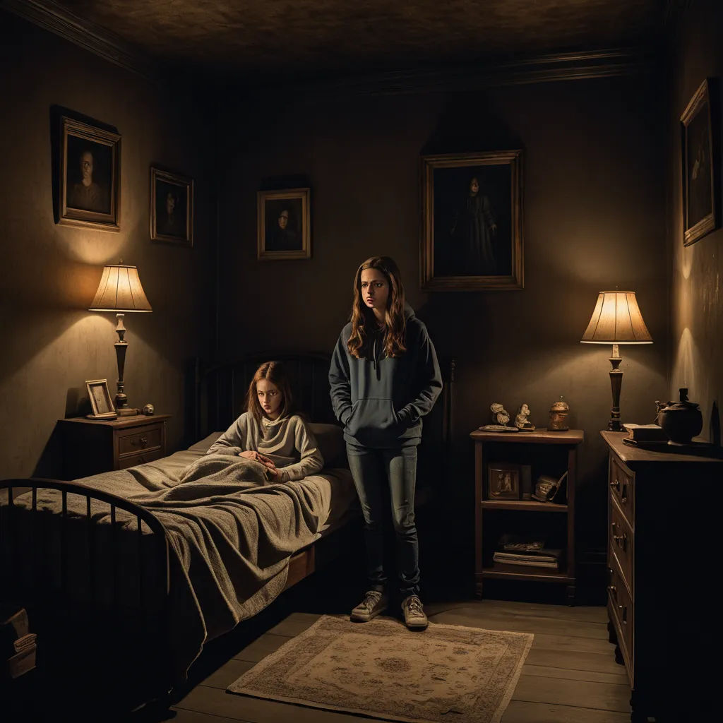 a woman and a child standing in a dark room with a bed and two lamps on either side of the bed, international gothic, poster art, Clarice Beckett, promotional image