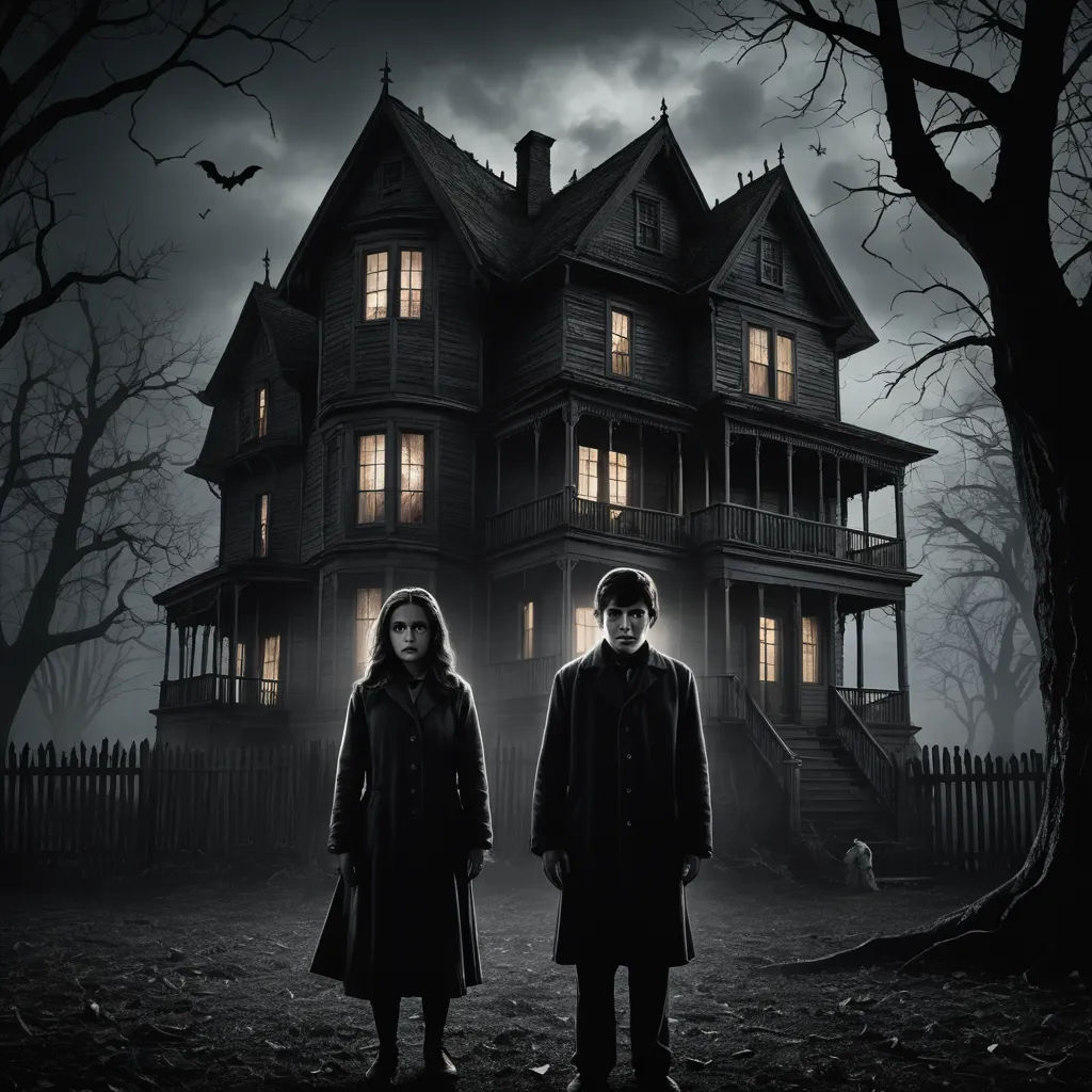a couple standing in front of a creepy house at night with a full moon in the sky above them, international gothic, poster art, Dirk Crabeth, promotional image