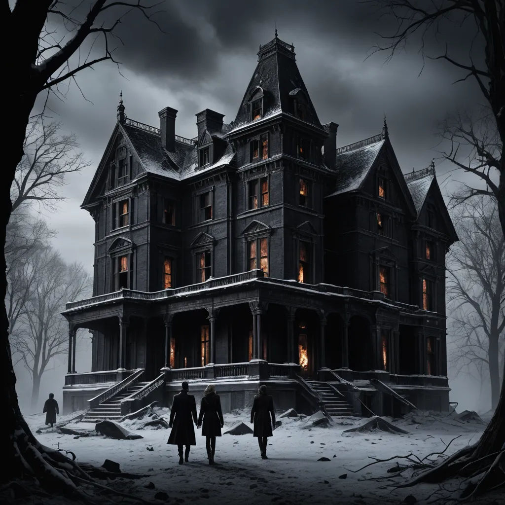 a creepy house with two people walking towards it in the snow at night time with a full moon in the sky, gothic art, a detailed matte painting, Dirk Crabeth, matte drawing