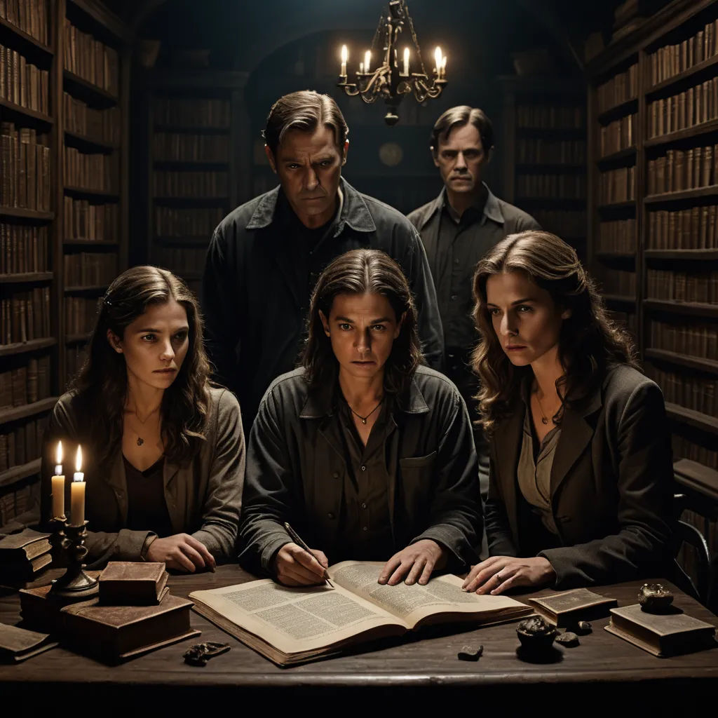 a group of people sitting at a table with a book in front of them and a candle in the middle, new objectivity, a poster, Armin Hansen, promotional image