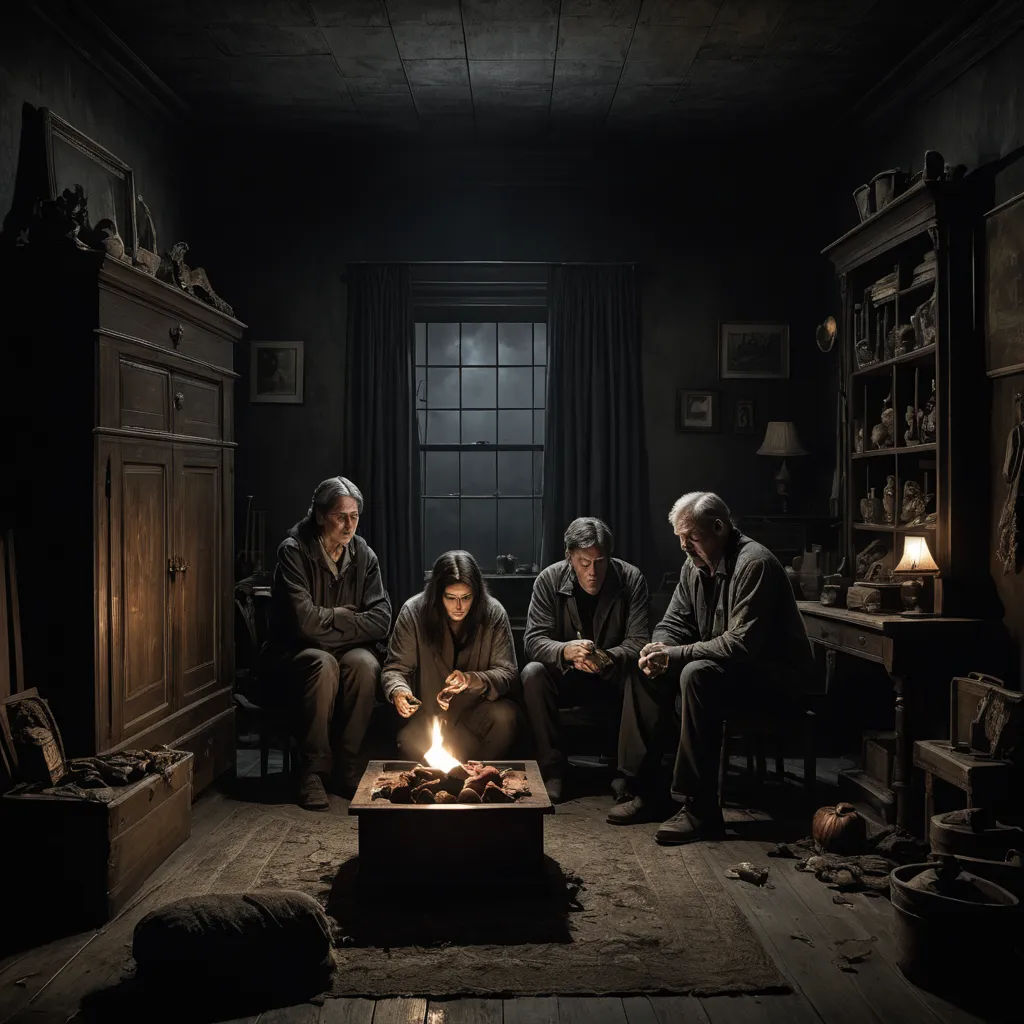 a group of people sitting around a fire in a room with a table and a chair in front of them, primitivism, a detailed matte painting, Anne Said, promotional image