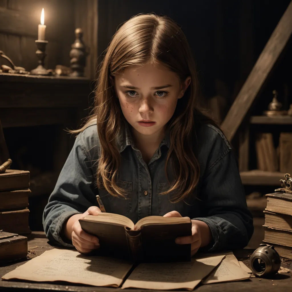 a young girl sitting at a table reading a book with a candle in the background and books on the table, art & language, a storybook illustration, Elinor Proby Adams, promotional image