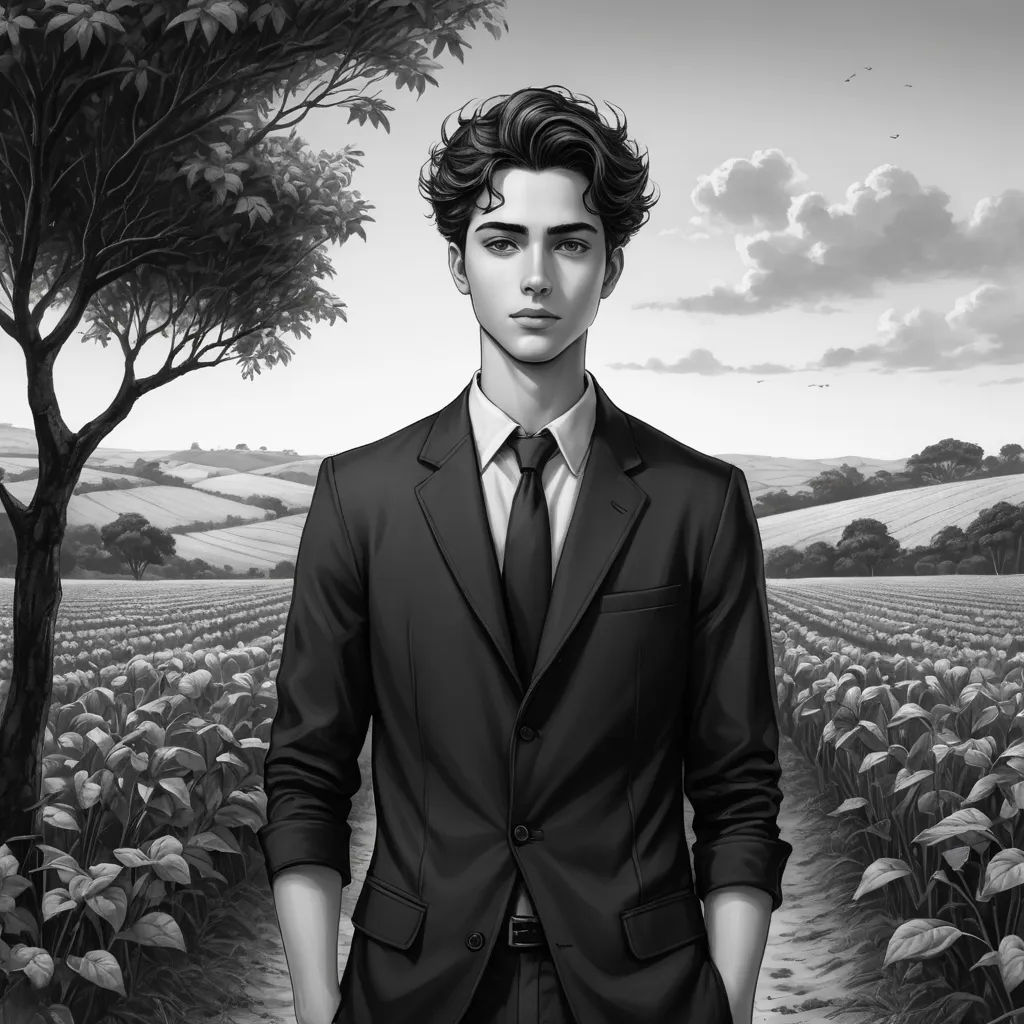 a man in a suit standing in a field of flowers with a tree in the background and a sky with clouds, aestheticism, a character portrait, Cedric Seaut (Keos Masons), handsome