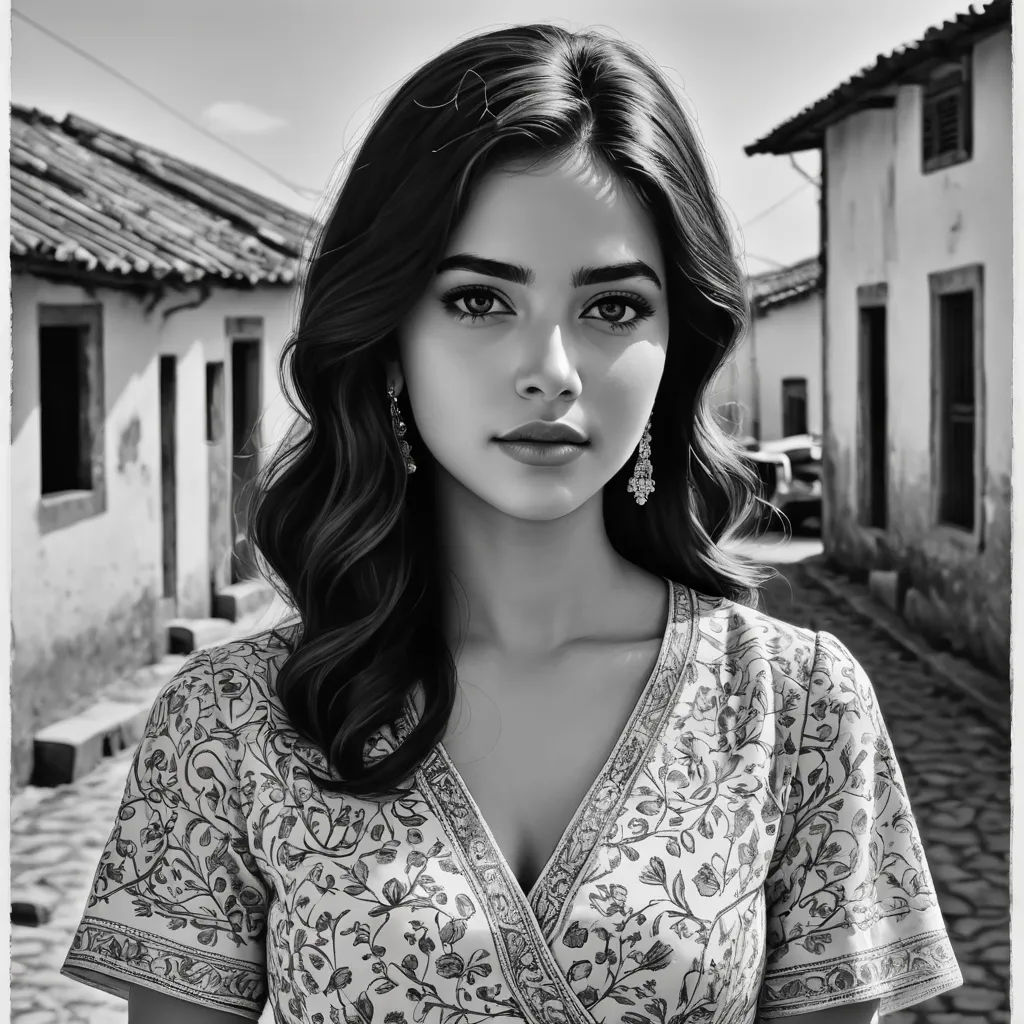 a woman with long hair and a dress on a street corner with a building in the background and a cobblestone road, photorealism, a photorealistic painting, Elina Karimova, highly detailed digital painting