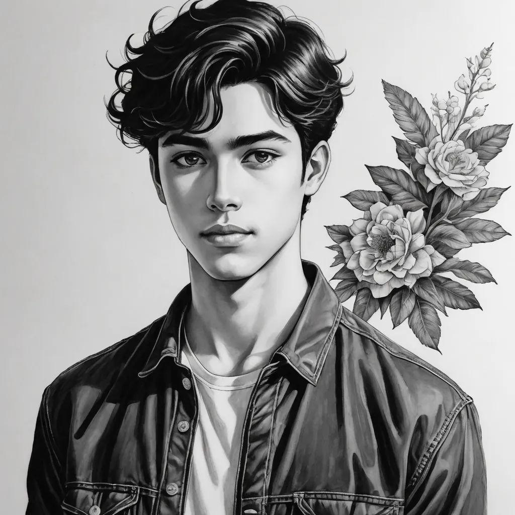 a drawing of a man with a flower in his hair and a leather jacket on his shoulders, with a white background, aestheticism, a photorealistic painting, Artgerm, stanley artgerm lau