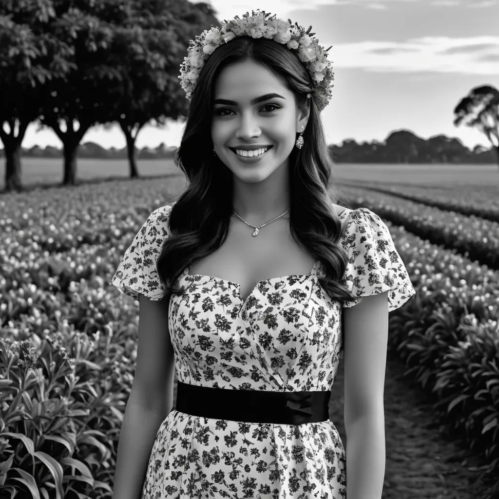 a woman in a dress standing in a field of flowers with a wreath on her head and a smile on her face, color field, a black and white photo, Araceli Gilbert, black and white