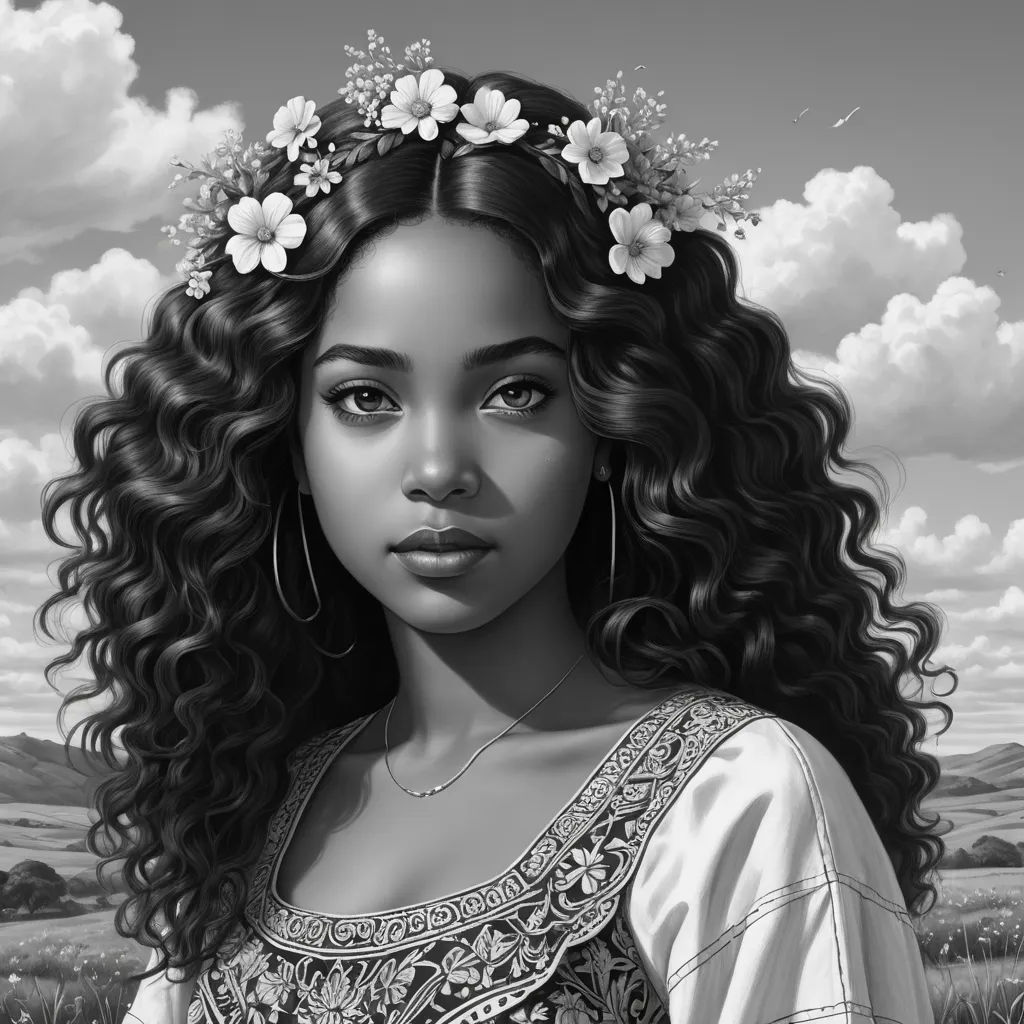 a woman with a flower in her hair and a flower in her hair is standing in a field of grass, fantasy art, an ultrafine detailed painting, Charlie Bowater, highly detailed digital painting