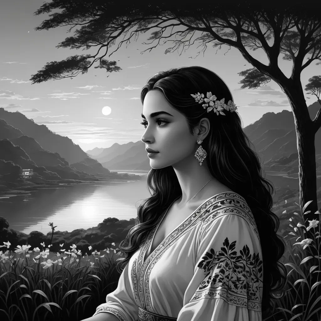 a woman in a dress standing in a field of flowers with a lake in the background and a tree in the foreground, fantasy art, an ultrafine detailed painting, Anne Stokes, serene