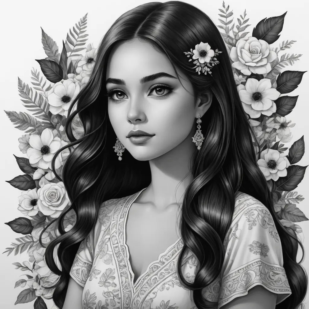 a girl with long hair and flowers in her hair, wearing a white dress and earrings, is shown in a black and white drawing, art nouveau, a detailed drawing, Charlie Bowater, highly detailed digital painting