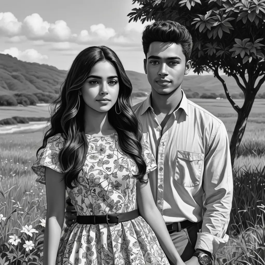 a man and a woman standing in a field of flowers and trees, one of them is wearing a dress, aestheticism, a black and white photo, Ejler Bille, promotional image