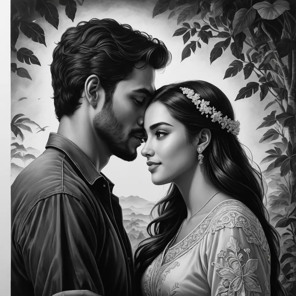 a couple is standing next to each other in front of a tree and a forest with leaves on it, figurative art, an ultrafine detailed painting, Artgerm, highly detailed digital painting