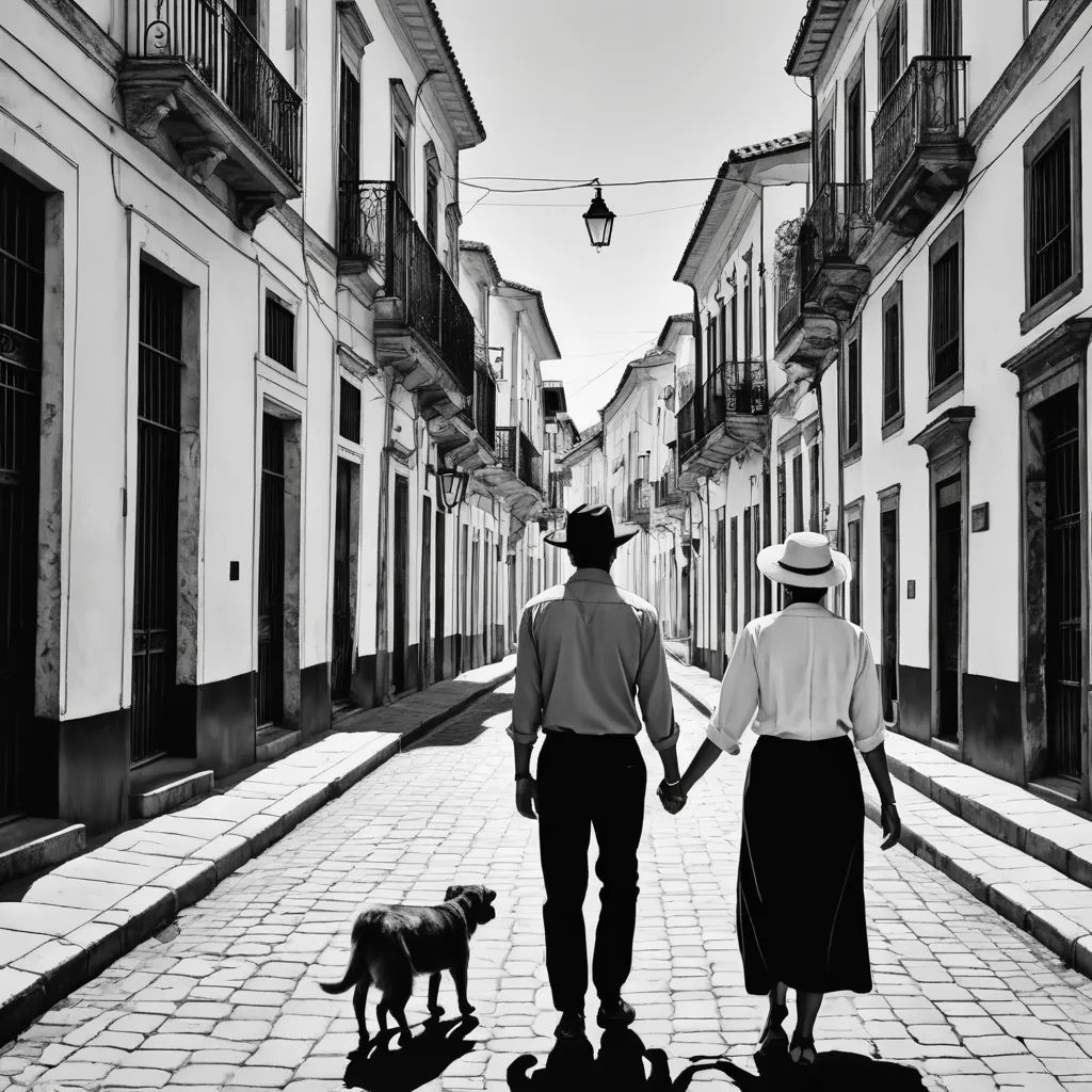 a man and woman walking a dog down a street next to tall buildings with balconies on the windows, art photography, a black and white photo, Fernand Pelez, cinematic photography