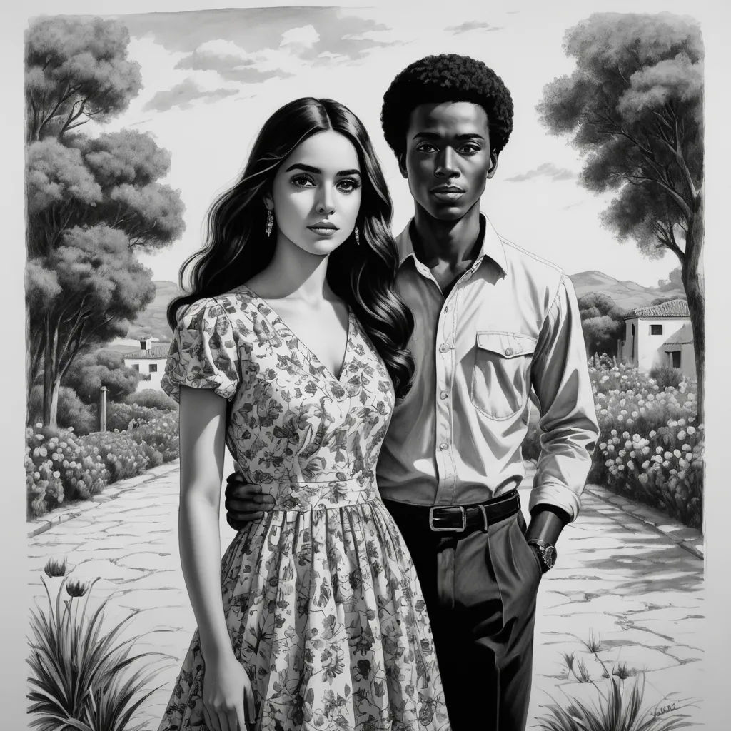 a man and a woman standing next to each other in front of a painting of a park with trees, american realism, an ultrafine detailed painting, Brad Kunkle, black and white