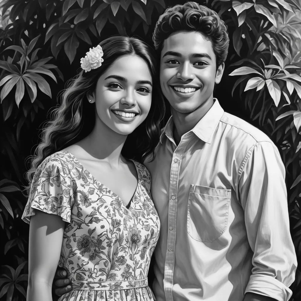 a black and white photo of a man and a woman smiling for the camera with a bush behind them, photorealism, a photorealistic painting, Araceli Gilbert, highly detailed digital painting