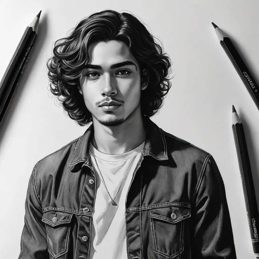 a drawing of a man with long hair and a denim jacket on, next to pencils and a drawing of a man with long hair, photorealism, a photorealistic painting, Artgerm, photorealistic portrait