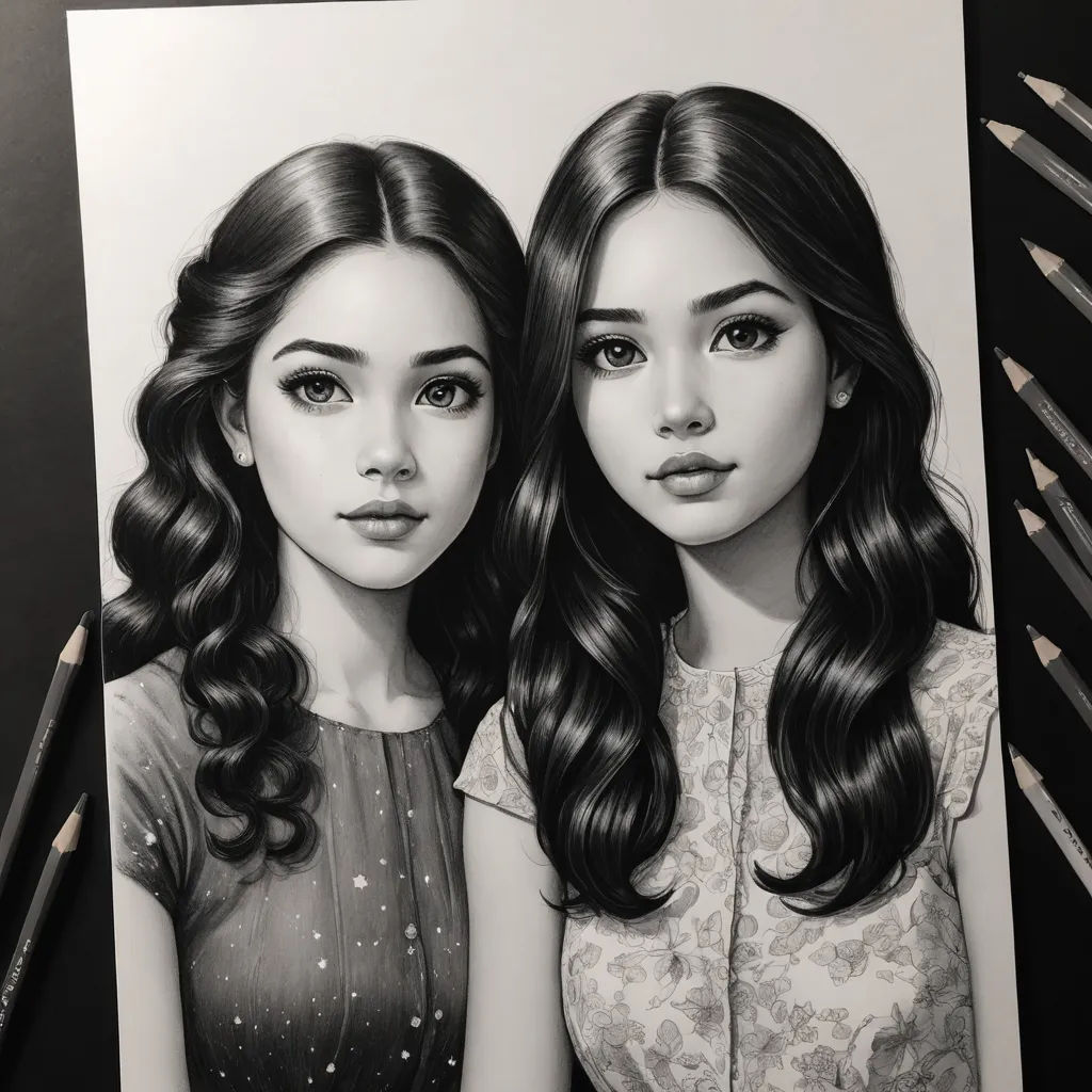 a drawing of two girls with long hair and one with a half - face and half - body, with pencils in front of them, photorealism, a detailed drawing, Artgerm, stanley artgerm lau