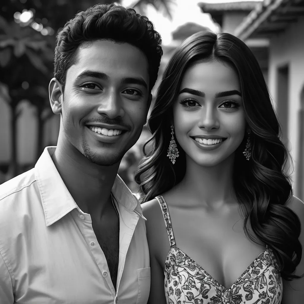 a man and a woman are smiling for a picture together in front of a house and trees and a fence, samikshavad, a black and white photo, Emerson Silva, jayison devadas