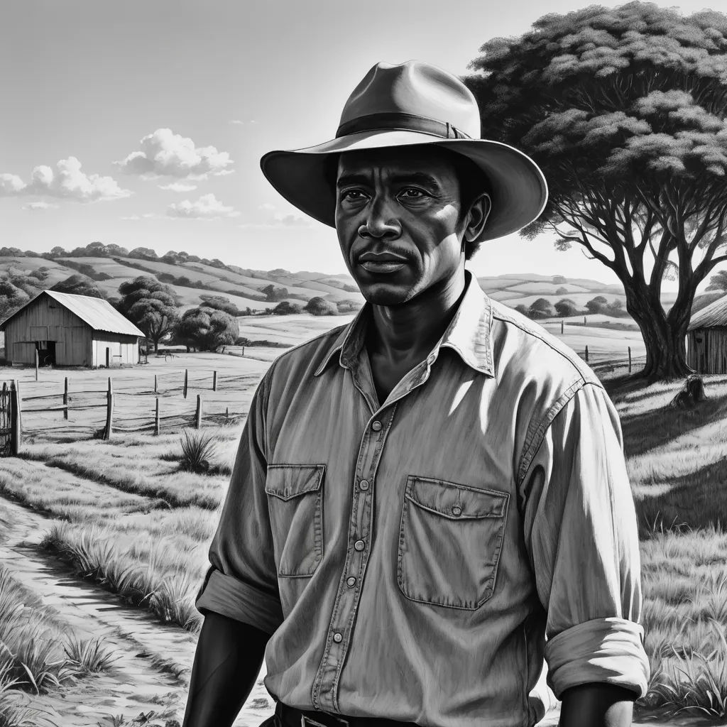 a man in a hat standing in front of a farm field with a tree and a barn in the background, american scene painting, an ultrafine detailed painting, Albert Namatjira, highly detailed digital painting