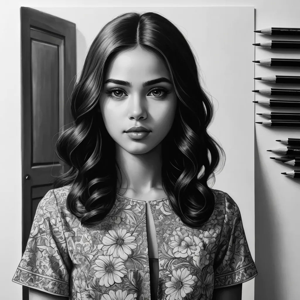 a black and white photo of a woman with long hair and a flowered shirt on, with a pen and a drawing of a door in the background, hyperrealism, an ultrafine detailed painting, Artgerm, highly detailed digital painting