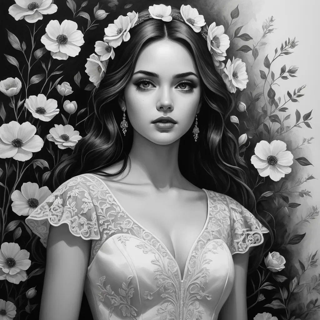 a woman in a dress with flowers in her hair and a wreath of flowers around her head, in front of a black and white background, gothic art, an ultrafine detailed painting, Charlie Bowater, highly detailed digital painting