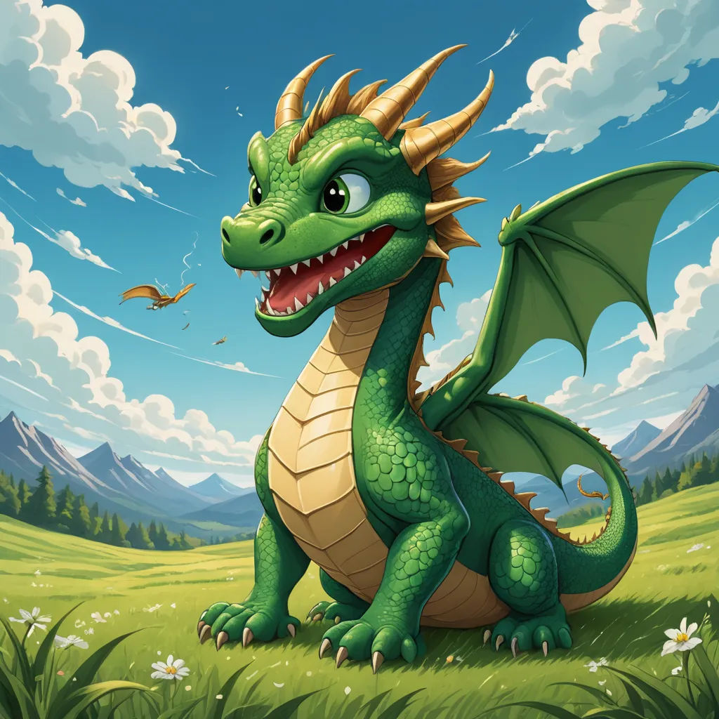 a green dragon sitting in a field of grass and flowers with a sky background and clouds in the background, sots art, a storybook illustration, Chris LaBrooy, dragon art