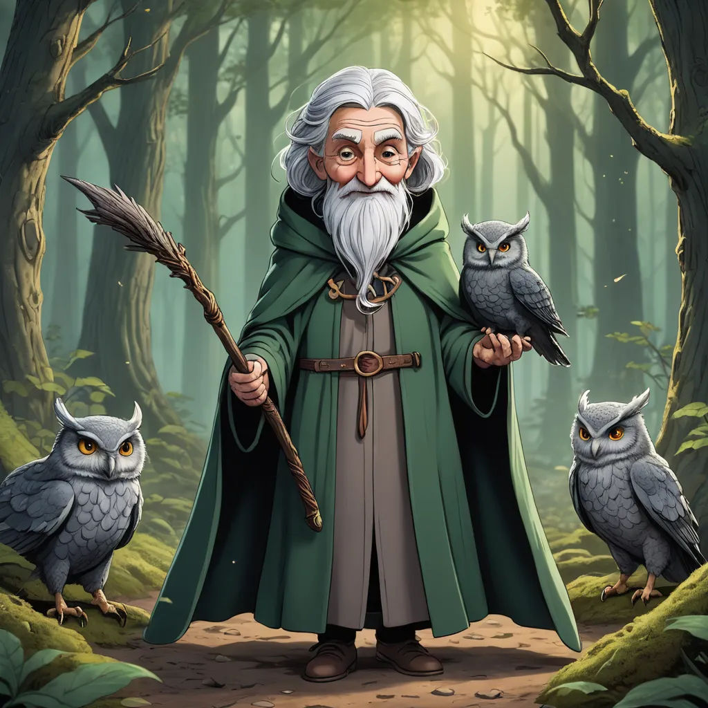 a wizard with owls on his shoulder and a staff in his hand in a forest with trees and leaves, fantasy art, a character portrait, Cliff Childs, 2 d game art