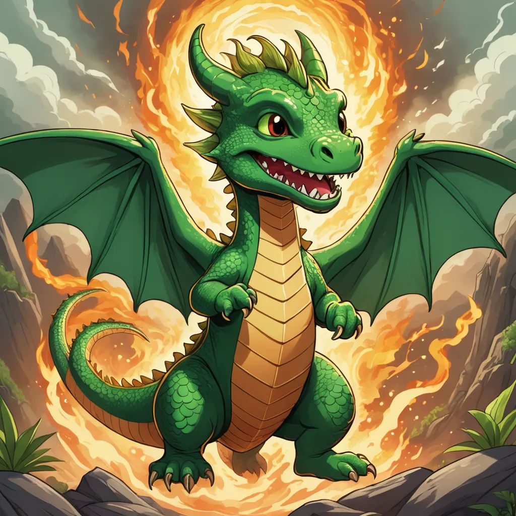 a green dragon with a flame in its mouth and wings spread out, standing on a rock in front of a rock formation, sots art, concept art, Du Jin, dragon art