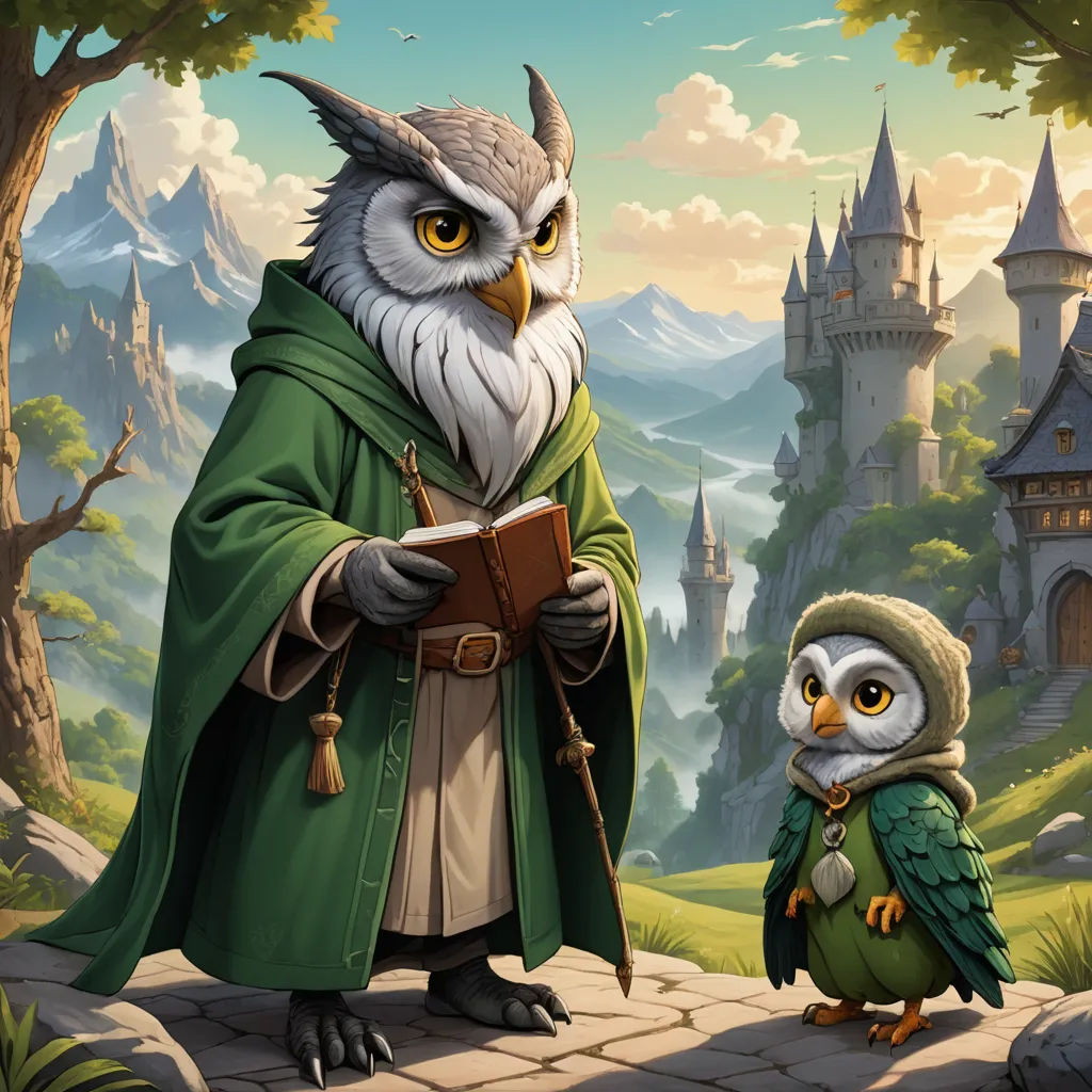an owl and a wizard are standing in front of a castle with a castle in the background and a man reading a book, fantasy art, a storybook illustration, Chris LaBrooy, fantasy artwork