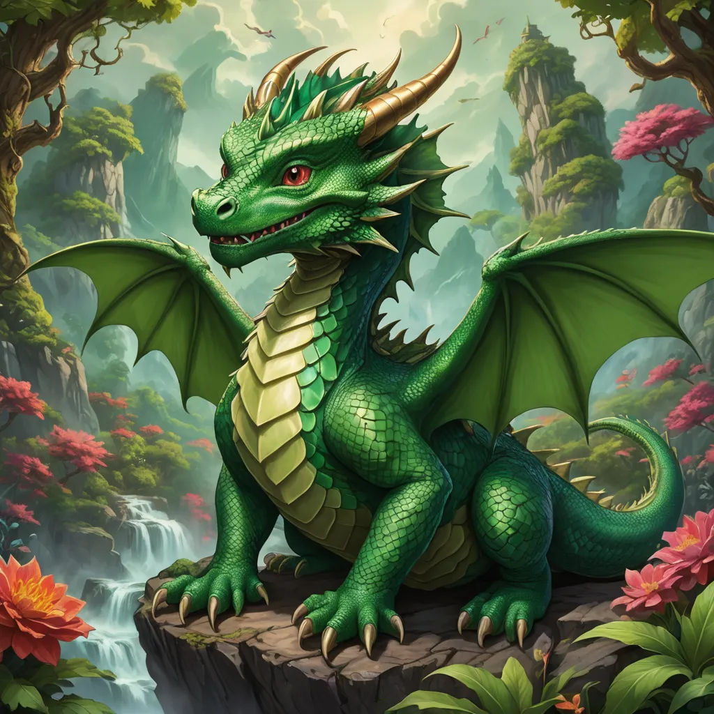 a green dragon sitting on a rock in a forest with flowers and a waterfall in the background with a waterfall in the background, fantasy art, concept art, Anne Stokes, dragon art