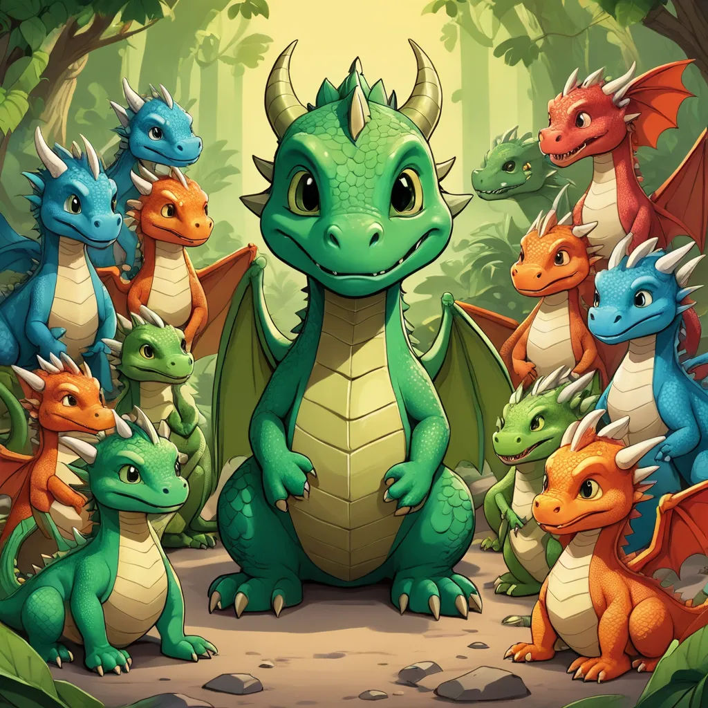 a group of dragon standing in a forest with a forest background and a yellow sky in the background with a few green and orange dragon like creatures, sots art, concept art, Dan Content, dragon art