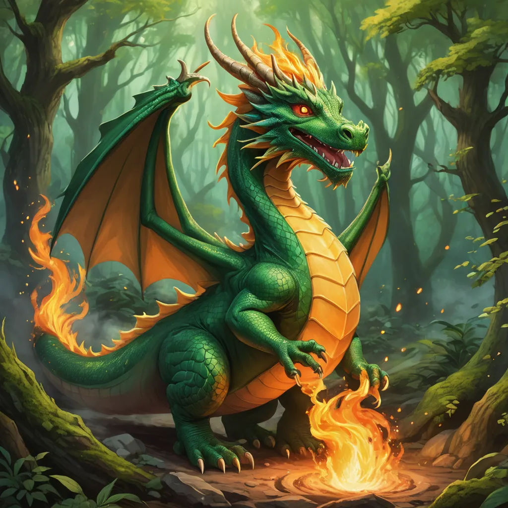 a green dragon with yellow wings sitting on a rock in a forest with fire coming from its mouth and a flame coming out of its mouth, altermodern, concept art, Anne Stokes, dragon art