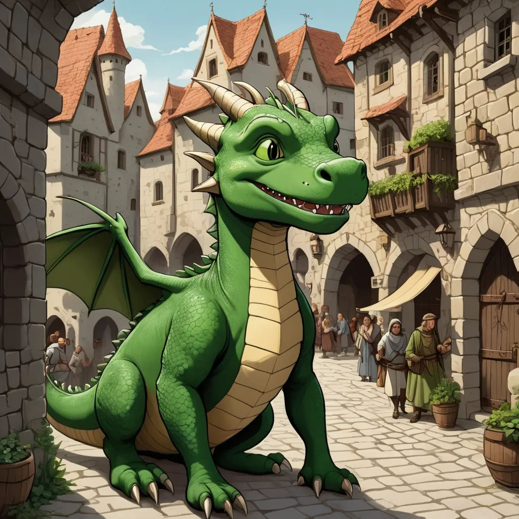 a cartoon of a dragon sitting on a cobblestone street in a medieval town with people walking around, fantasy art, a storybook illustration, Clint Cearley, dragon art