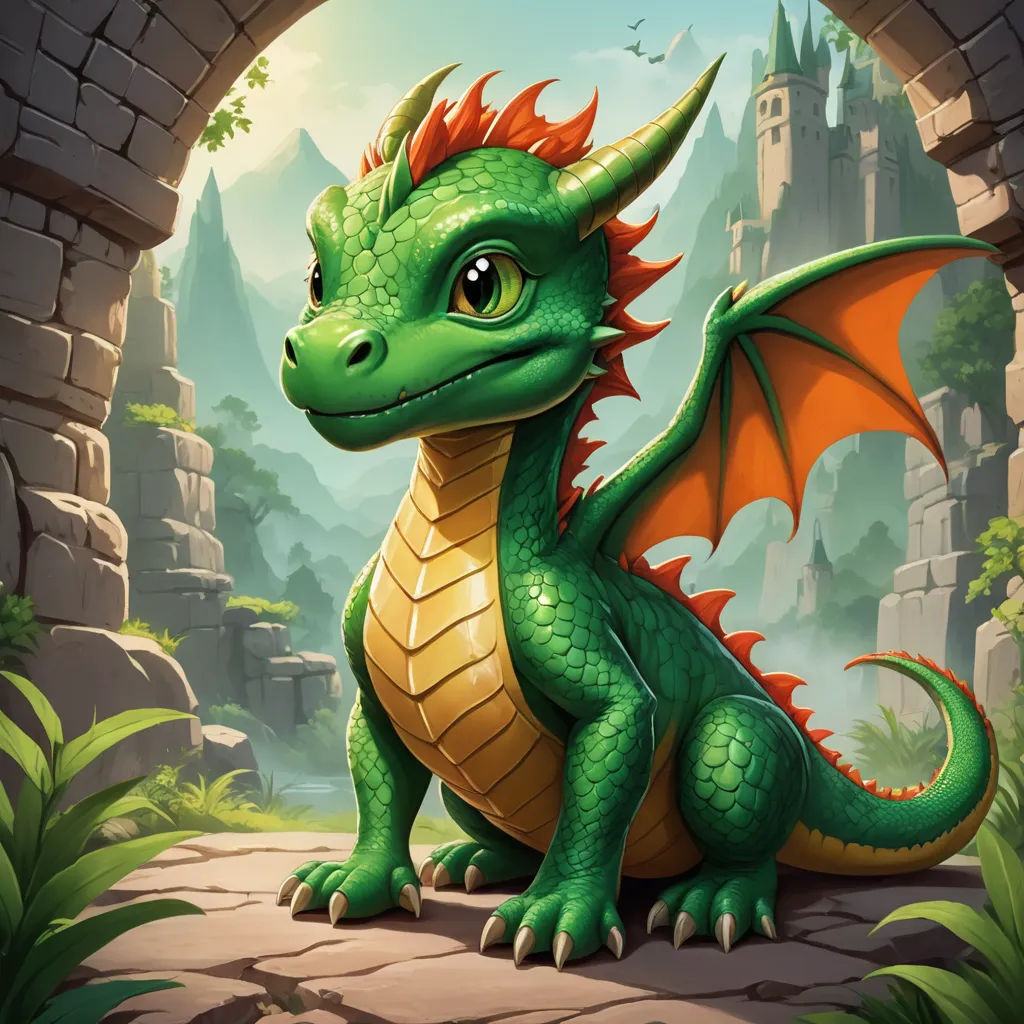 a green dragon sitting in a cave with a castle in the background and a stone wall in the foreground, sots art, concept art, Chris LaBrooy, dragon art