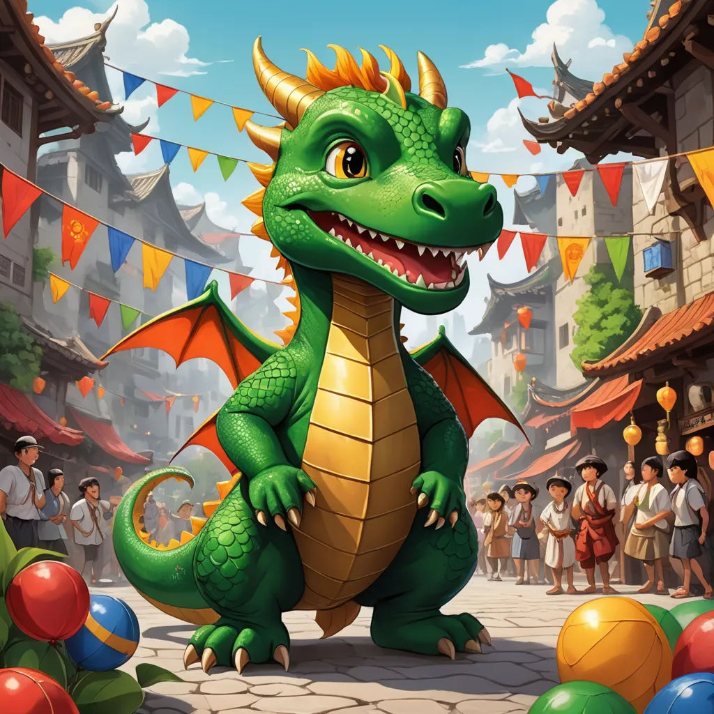 a dragon is standing in front of a crowd of people and balloons in a chinese city with flags and bunting, sots art, concept art, Chris LaBrooy, dragon art