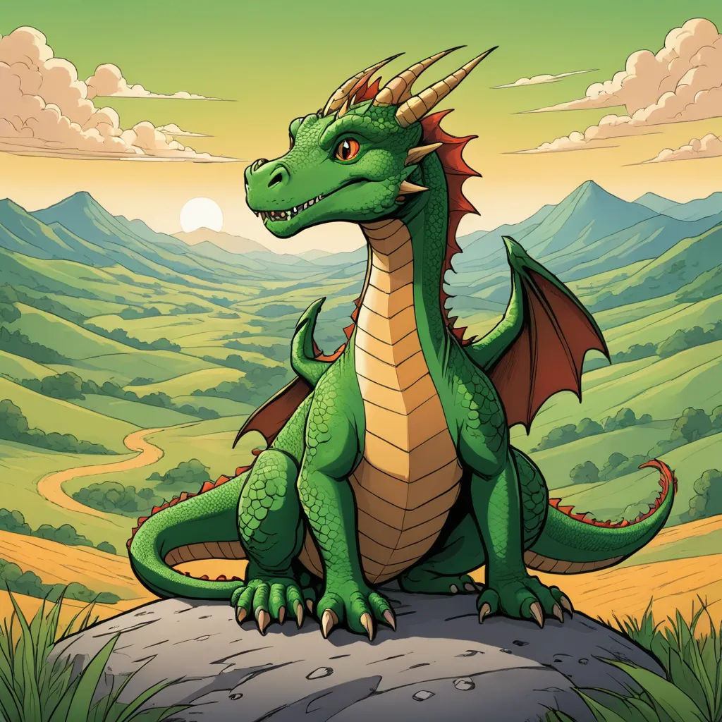 a green dragon sitting on a rock in a field with mountains in the background and a sky with clouds, fantasy art, a storybook illustration, Anne Stokes, dragon art