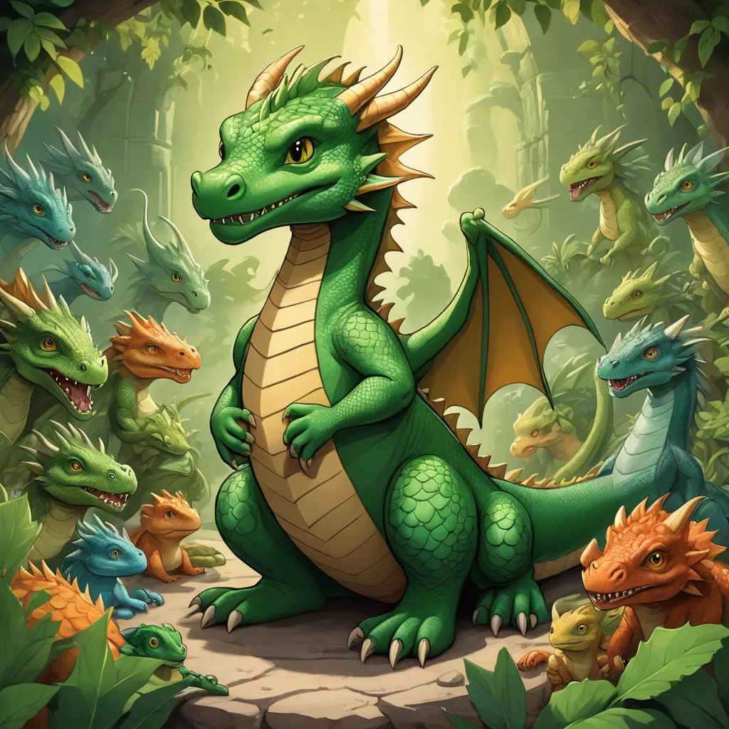 a group of green dragon sitting on top of a forest floor next to a forest filled with green plants, fantasy art, a character portrait, Anne Stokes, dragon art