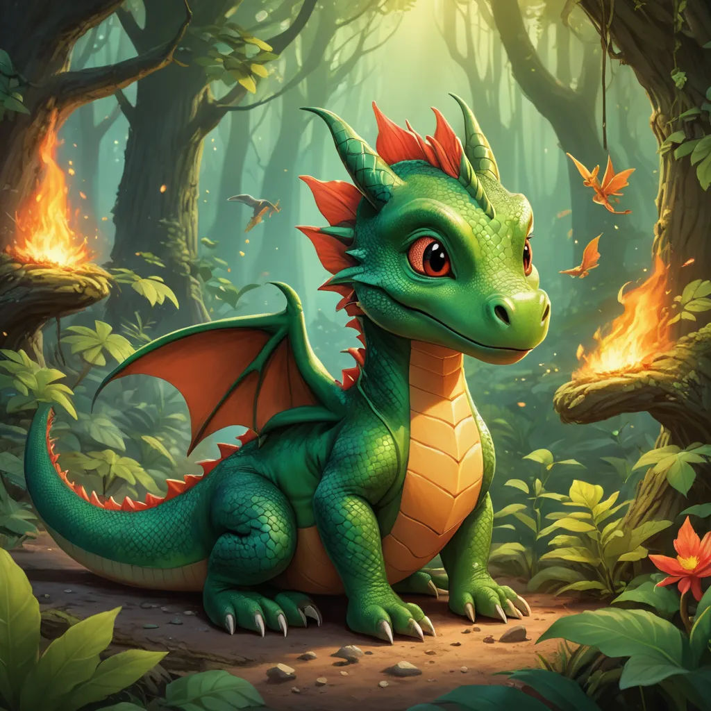 a green dragon sitting in the middle of a forest with a fire in its mouth and a fire in its mouth, fantasy art, concept art, Chris LaBrooy, dragon art