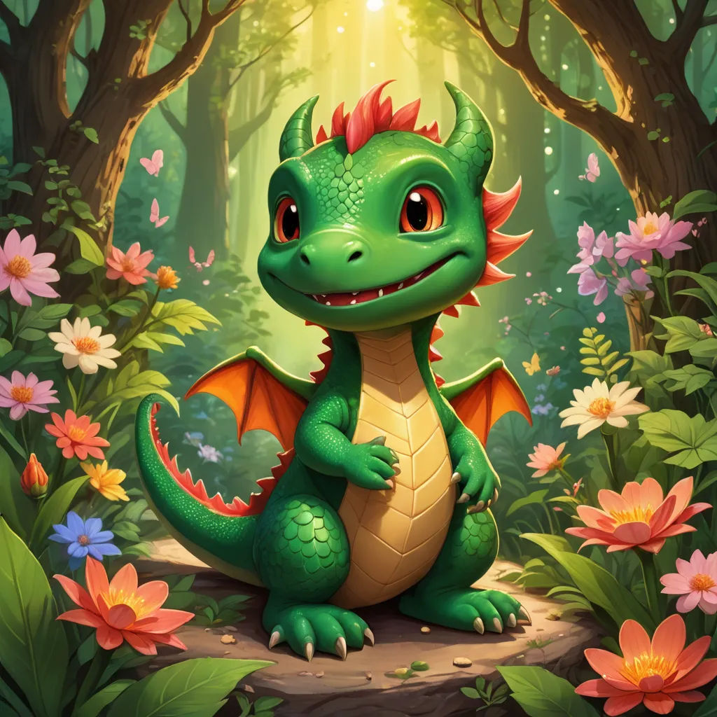 a green dragon sitting in a forest with flowers and trees around it, with a bright light shining on the background, sots art, a character portrait, Chris LaBrooy, dragon art