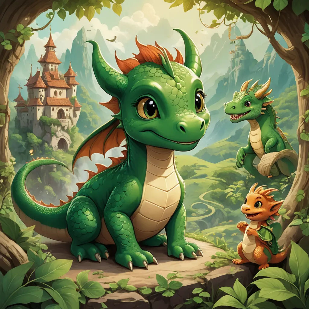a green dragon and a brown dragon in a forest with a castle in the background and a forest with trees, sots art, concept art, Chris LaBrooy, official art