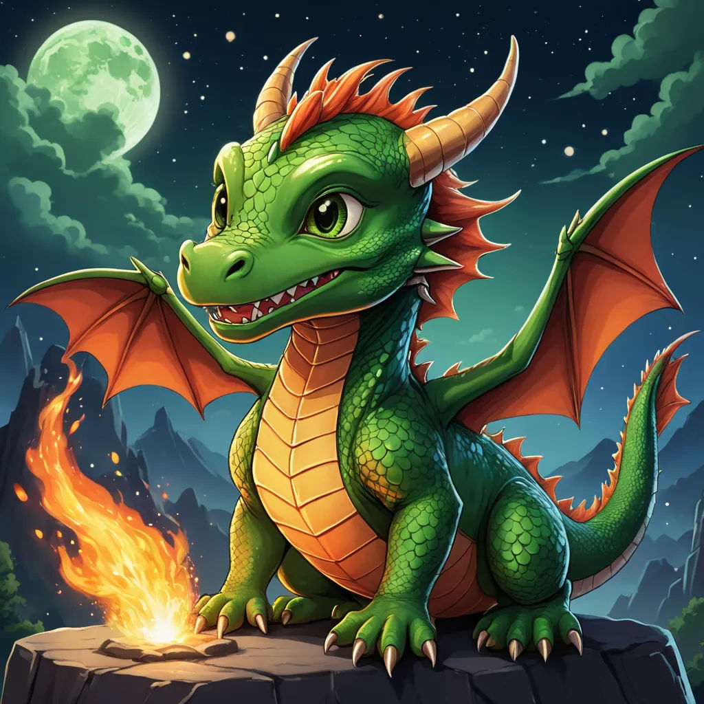 a green dragon sitting on top of a rock next to a fire pit at night with a full moon in the background, sots art, a character portrait, Du Jin, dragon art