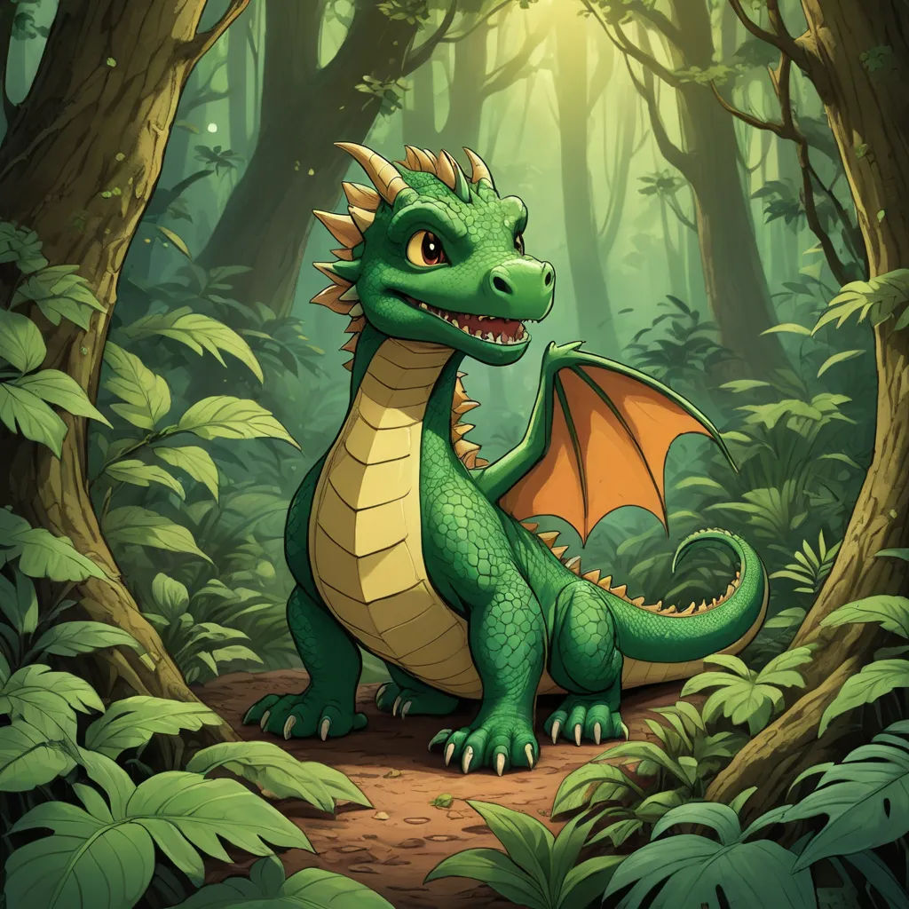 a green dragon sitting in the middle of a forest with trees and plants around it, with a bright light shining on the ground, fantasy art, a storybook illustration, Diego Gisbert Llorens, dragon art
